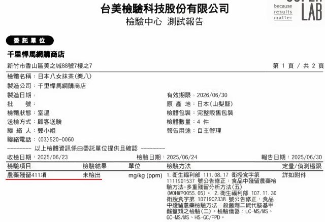 樂八農藥殘留檢驗合格